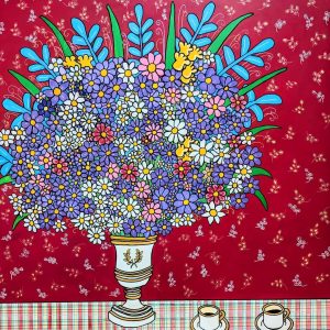 Daisies on Red backgroung & 2 Espresso Cups, 150x160 cm
