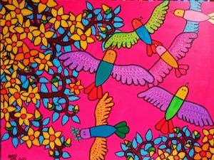 Six Birds on a Pink Sky, 89x117 cm