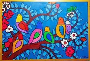 Six Birds on a Branch Tree, 89x118 cm