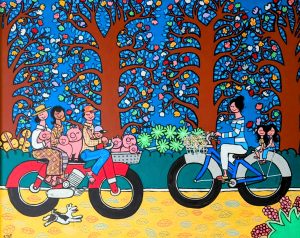 A Moto carrying Pigs, a Mom and her Kids on  bicycle, a Trees-lined Road, and a Dog Running, 126x156 cm