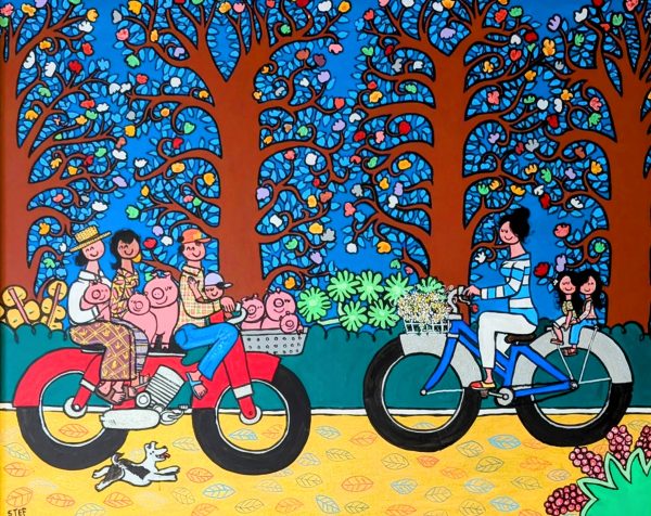 A Moto carrying Pigs, a Mom and her Kids on  bicycle, a Trees-lined Road, and a Dog Running, 126x156 cm
